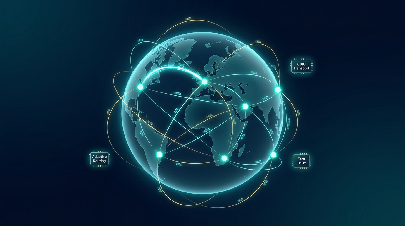 Global mesh networking globe with sensing-based adaptive routing, QUIC transport, and Zero Trust node connections across continents on a dark navy background